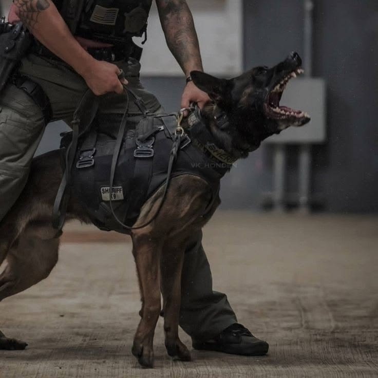A working security dog under close supervision during a controlled patrol assessment
